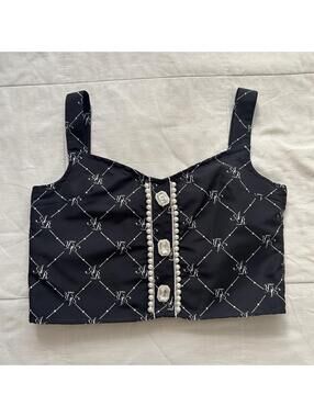 Ank Rouge Black Monogram Crop Cami Pearl Jeweled Tank Jirai Kei Size Small Japan